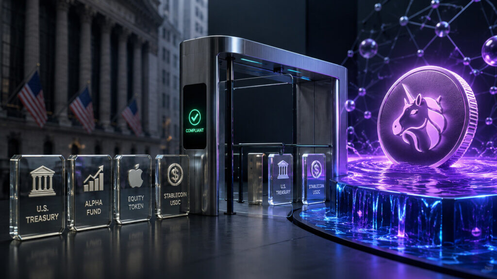 Wall Street tokenized assets passing through a compliance gate while Uniswap’s permissionless liquidity pool remains open, illustrating the tension between regulated tokenization frameworks and open DeFi markets that Standard Chartered believes could drive Uniswap’s future growth.