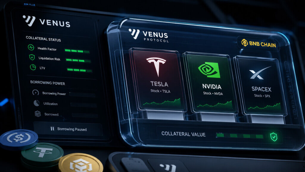 Tokenized Tesla, Nvidia, and SpaceX stock assets displayed as collateral inside Venus Protocol on BNB Chain, highlighting DeFi lending controls before borrowing activity begins.