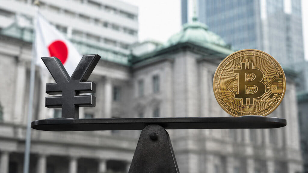 Bitcoin and the Japanese yen balanced on a scale in front of the Bank of Japan, illustrating how Bitcoin remained stable despite Japan’s rate hike and shifting global liquidity conditions.