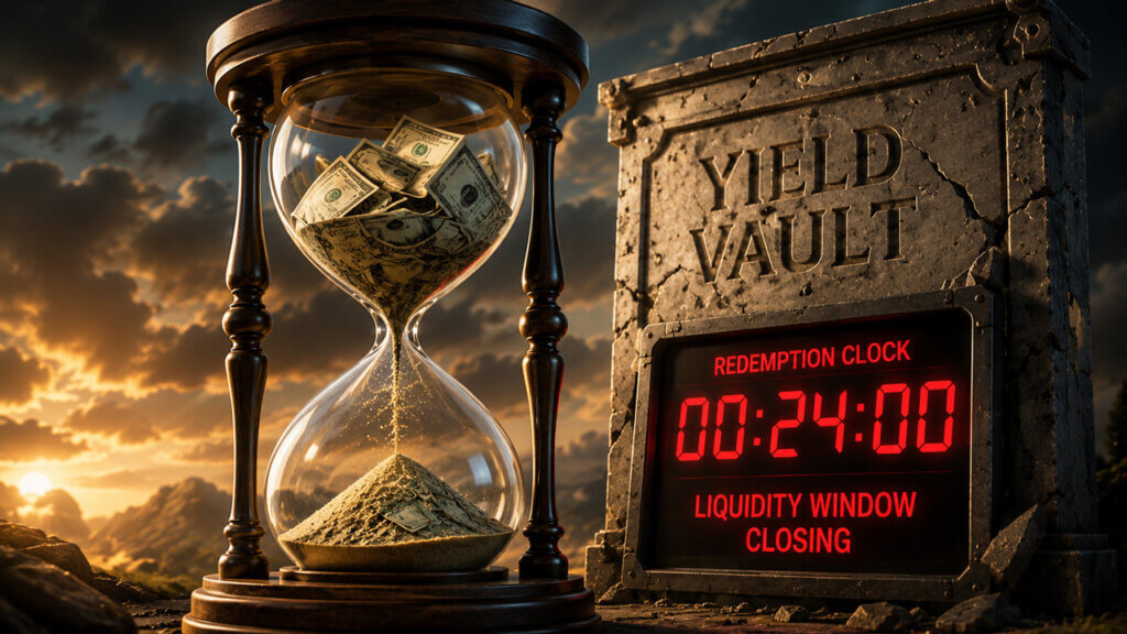 Yield vault redemption countdown timer with hourglass and digital display