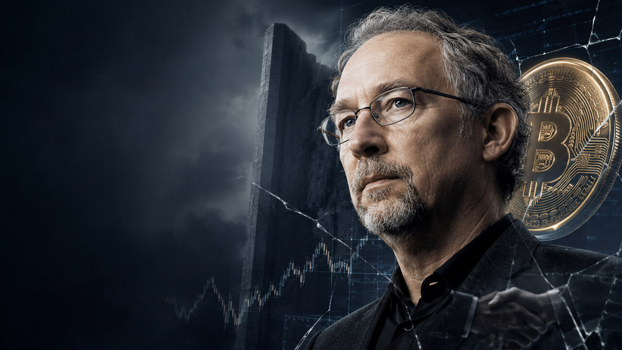 Editorial illustration of Adam Back beside a glowing Bitcoin coin, fractured market chart, and concrete wall symbolizing the stalled 30,021-BTC treasury deal
