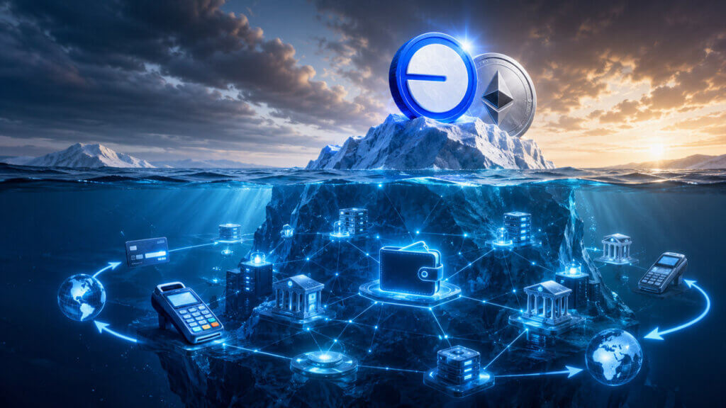 Base payment infrastructure visual showing an iceberg beneath the surface as Base overtakes Ethereum in stablecoin volume