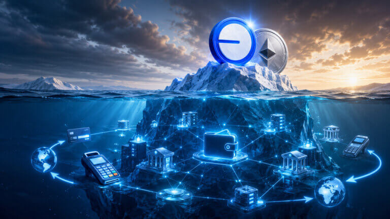 Base payment infrastructure visual showing an iceberg beneath the surface as Base overtakes Ethereum in stablecoin volume