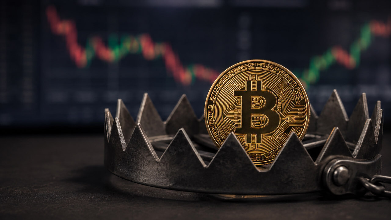 Gold Bitcoin coin caught inside a steel bear trap with a blurred crypto price chart in the background, representing a false bottom signal trapping buyers.