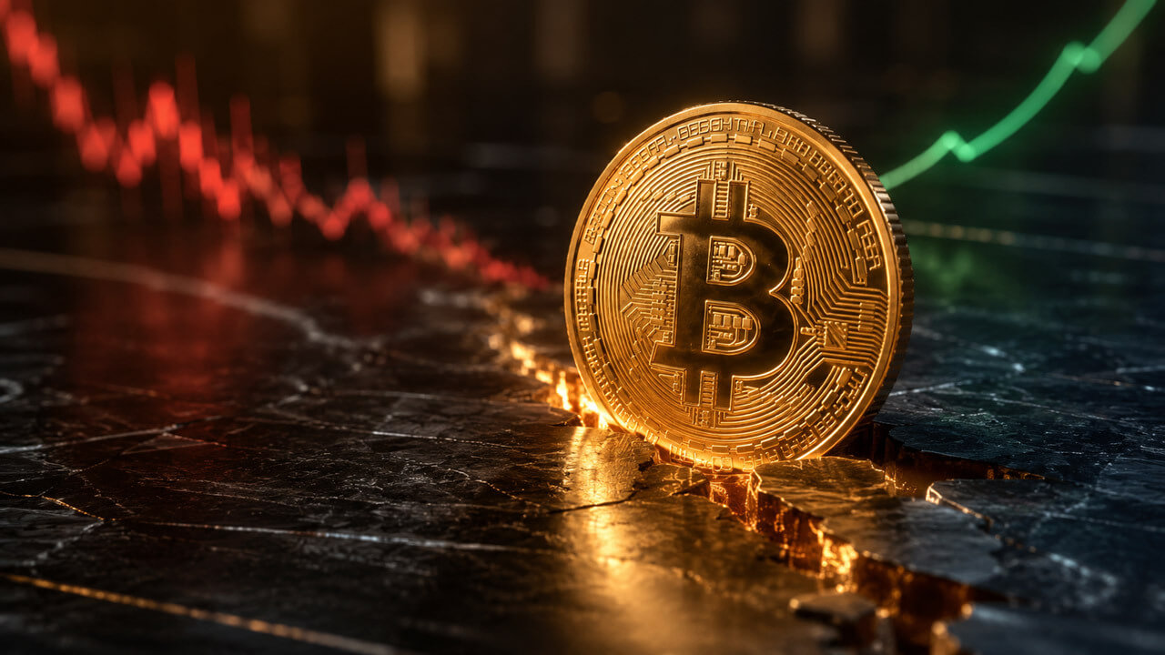 Gold Bitcoin coin emerging from a cracked market floor as red losses fade and a green recovery line begins to rise.