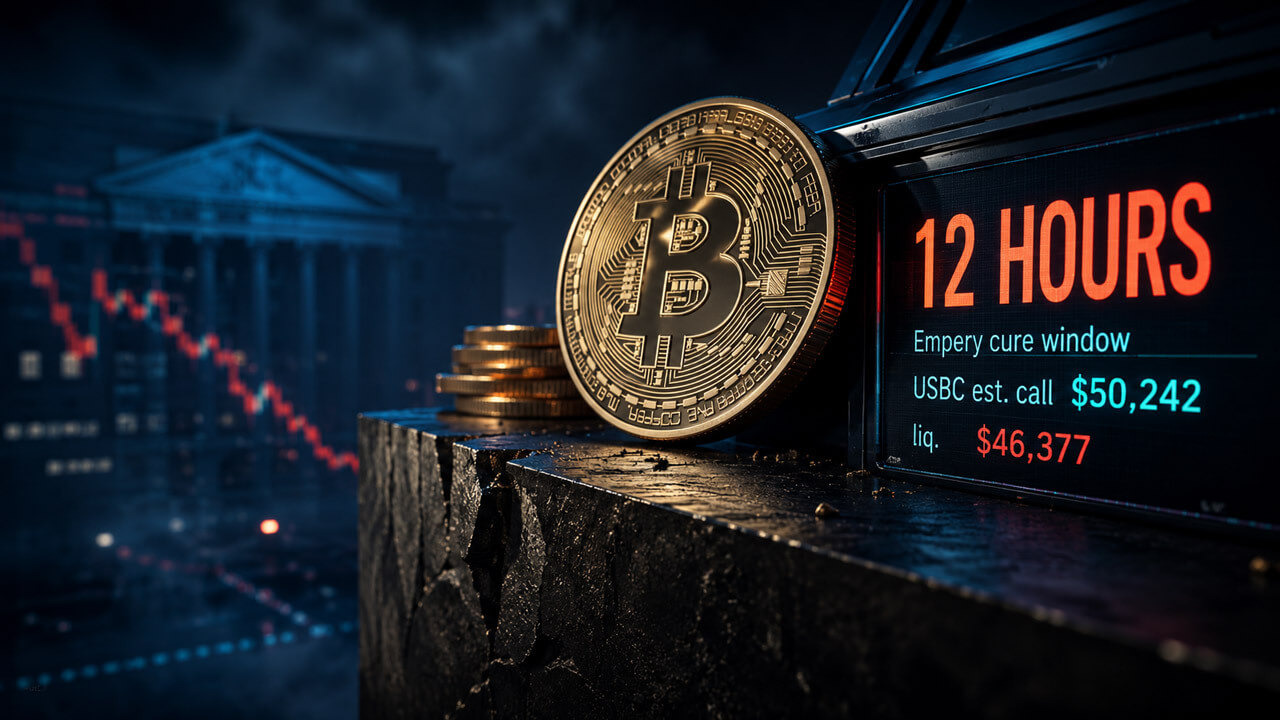Bitcoin coin sits near a sharp ledge beside a display showing a 12-hour Empery cure window and estimated USBC collateral thresholds.