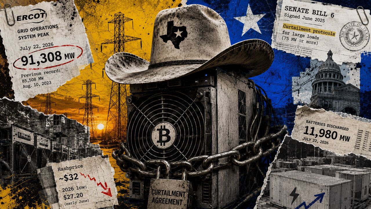 Bitcoin mining rig in a cowboy hat chained to a curtailment agreement, surrounded by ERCOT demand, Texas policy, and battery data.
