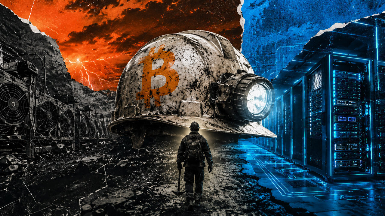 A worker approaches an enormous weathered Bitcoin mining helmet positioned between a storm-damaged crypto mine and a bright acid-green AI data center.