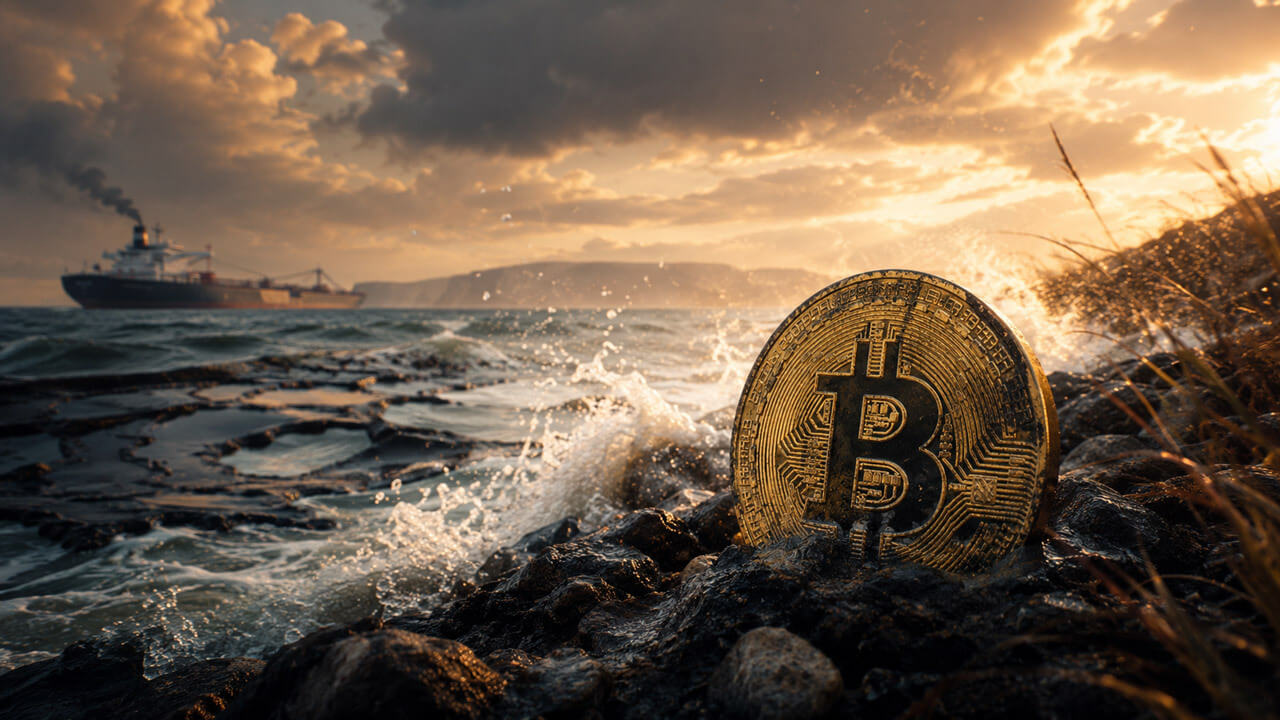 Gold Bitcoin coin standing firm on a rocky coastline as waves crash and an oil tanker moves across the horizon.