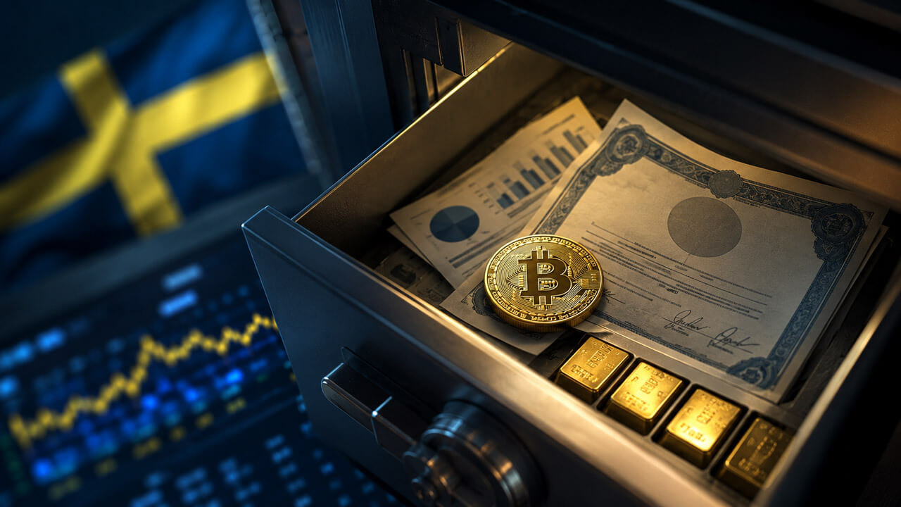 Open secure drawer containing a Bitcoin coin, preferred-equity certificate and gold bars, with Swedish colors and a market chart nearby.