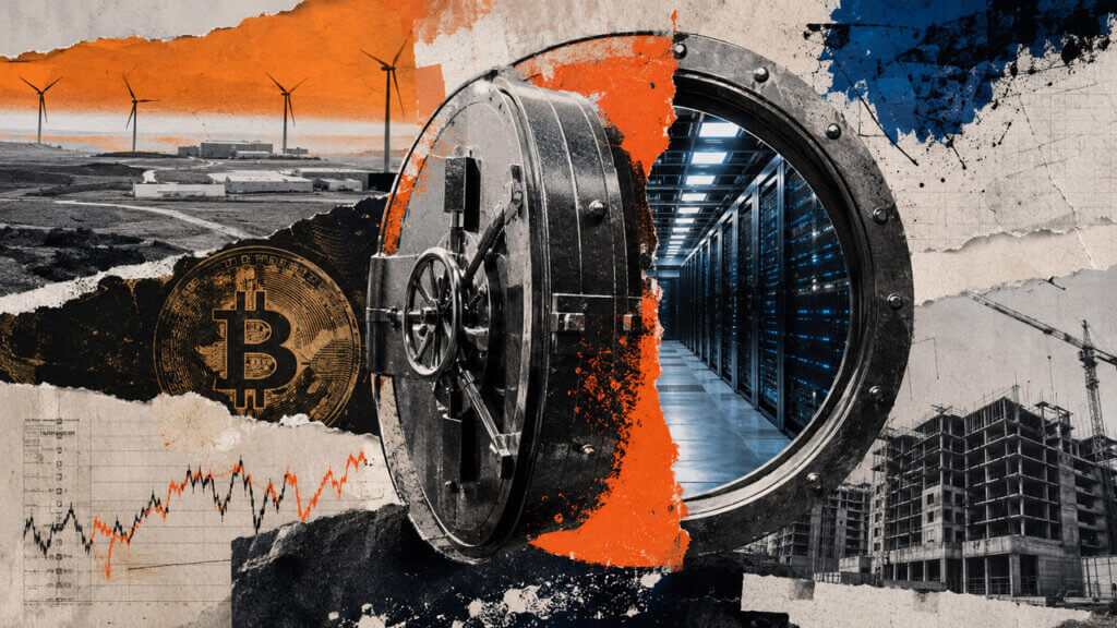 Editorial photomontage of a split industrial vault opening into a blue-lit data center, framed by Bitcoin imagery, wind turbines, an unfinished property development, and abstract market evidence.