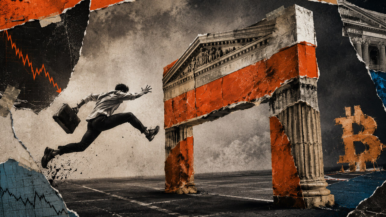 Businessman leaps toward Bitcoin over a towering Treasury-inspired hurdle in a distressed orange and blue editorial collage.