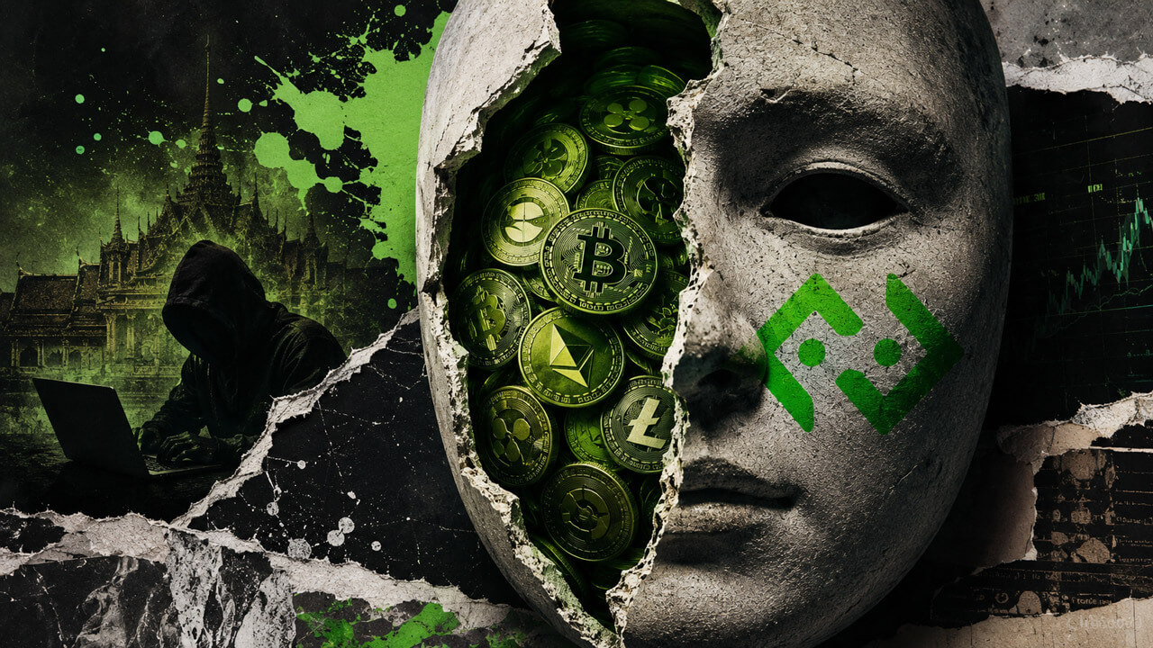 a large cracked mask marked with the Bitkub logo, exposing cryptocurrency tokens inside, with a hooded cyberattacker and Thai architecture in the background.