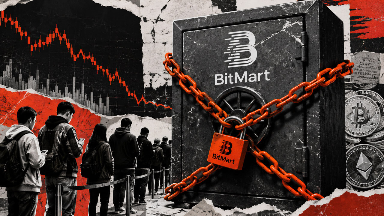 High-contrast editorial collage showing a large BitMart-branded safe secured with bright orange chains while a line of customers waits beside a sharply declining market chart.