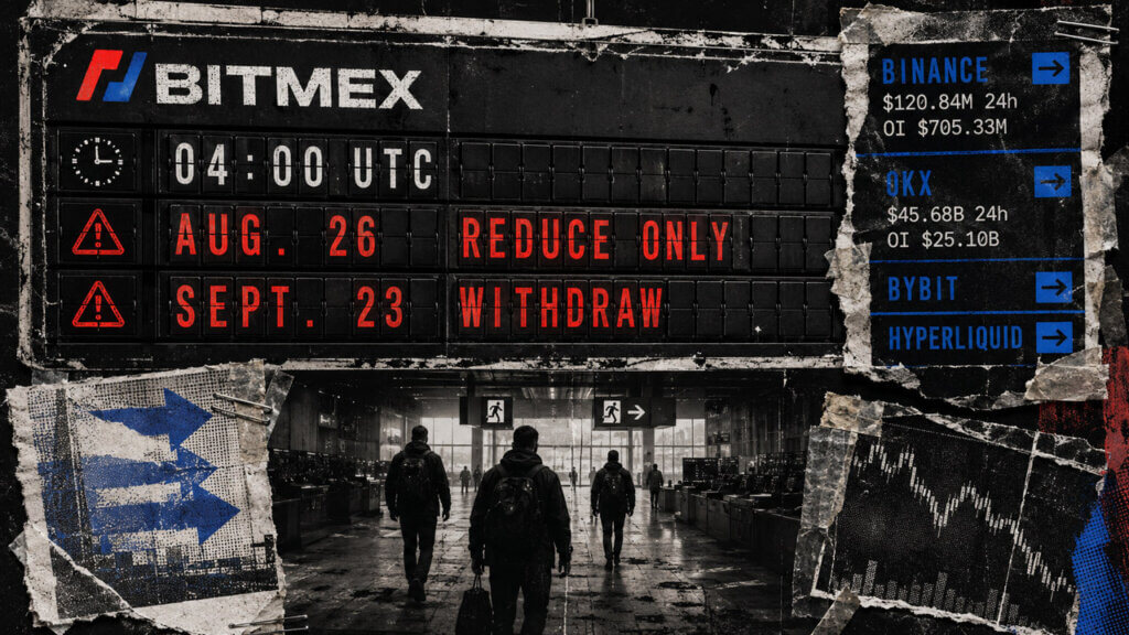 Distressed BitMEX departure board displays the August 26 reduce-only deadline and September 23 withdrawal cutoff above traders leaving an exchange terminal.