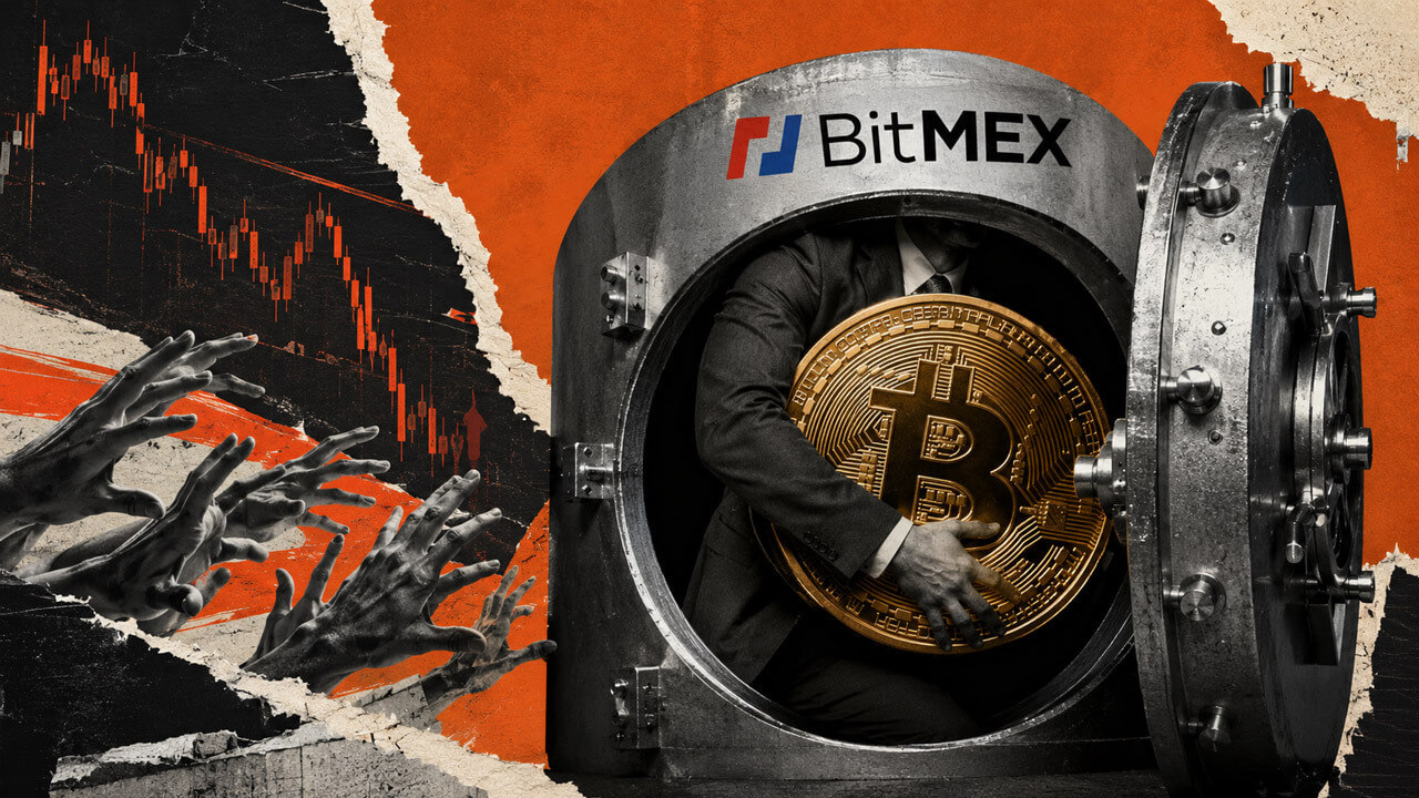 Mixed-media editorial collage showing a suited figure inside a BitMEX-branded vault clutching a large Bitcoin coin while multiple hands reach toward it, representing customers seeking the return of disputed assets.