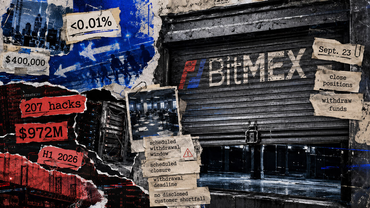 Distressed editorial collage showing a shuttered BitMEX exchange beside server infrastructure and evidence labels for its Sept. 23 closure, market share below 0.01%, 207 crypto hacks, and $972 million stolen.