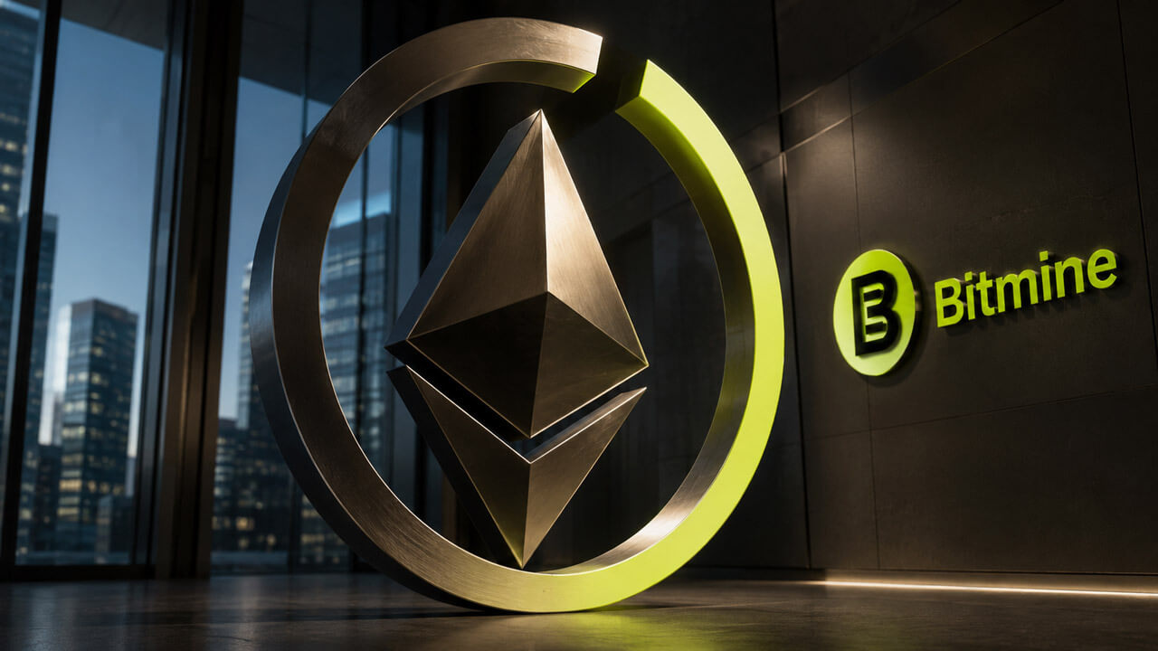 Monumental Ethereum emblem inside a nearly complete circular progress ring in a Bitmine-branded financial tower.