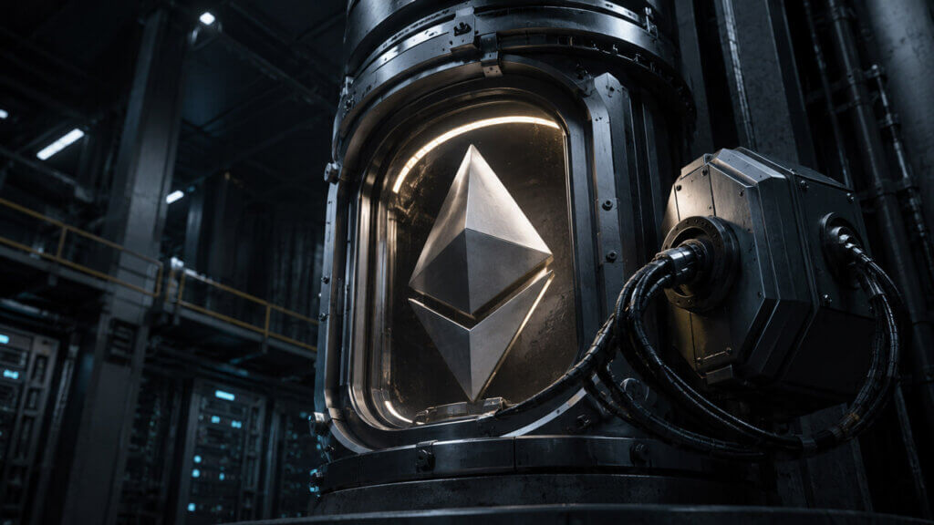 Ethereum validator core secured inside an industrial chamber and tethered to an external control module, symbolizing BitMine’s staking dependence and persistent operator obligations.