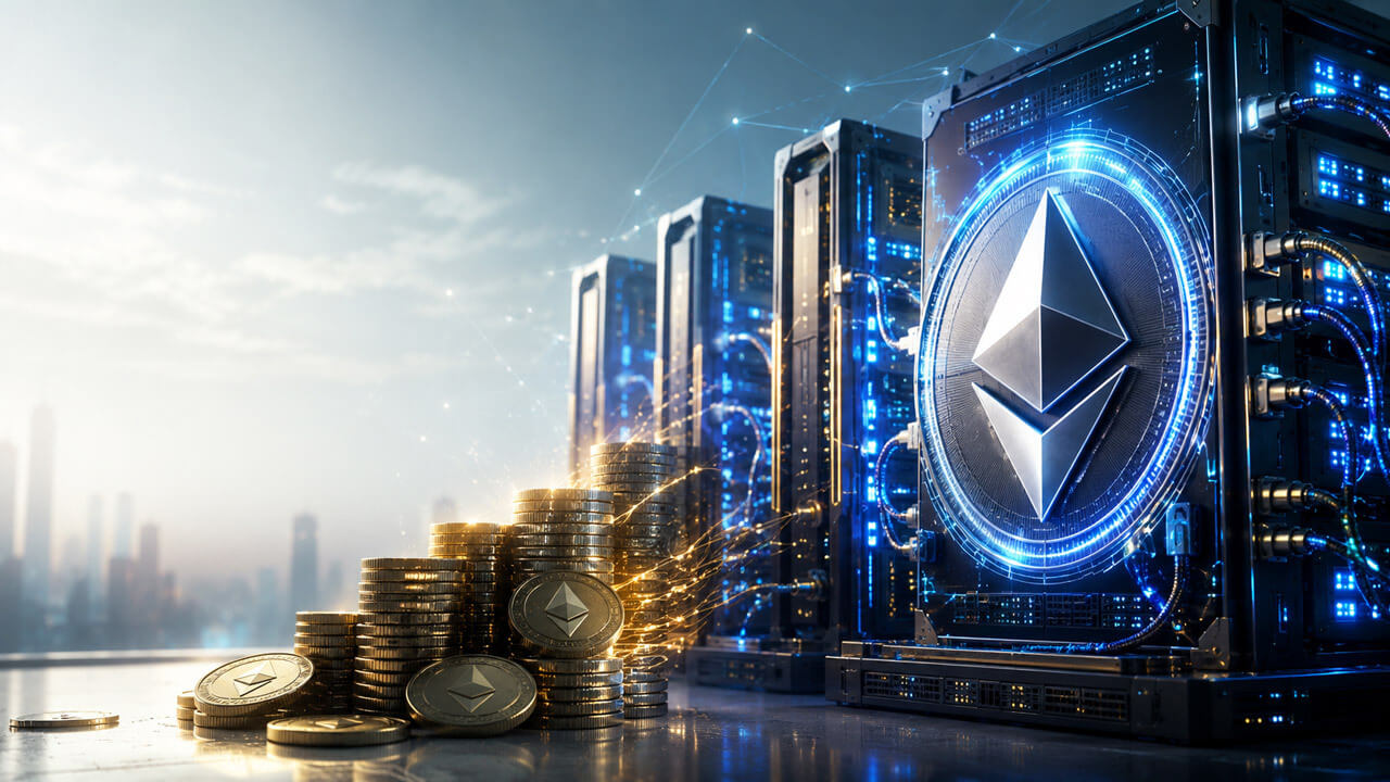 Ethereum coin stacks transition into illuminated validator servers, representing Bitmine’s shift from accumulating ETH to investing in staking infrastructure.