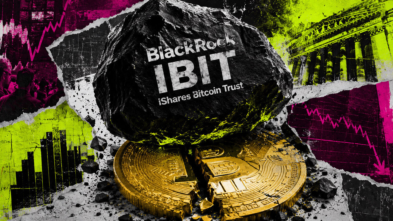 Mixed-media collage showing a massive BlackRock IBIT boulder crushing a fractured Bitcoin token, surrounded by declining charts and financial architecture.