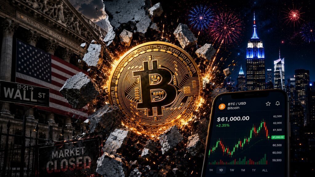 Bitcoin Freedom Money Independence Day graphic with Bitcoin breaking through Wall Street closure and 24/7 trading theme