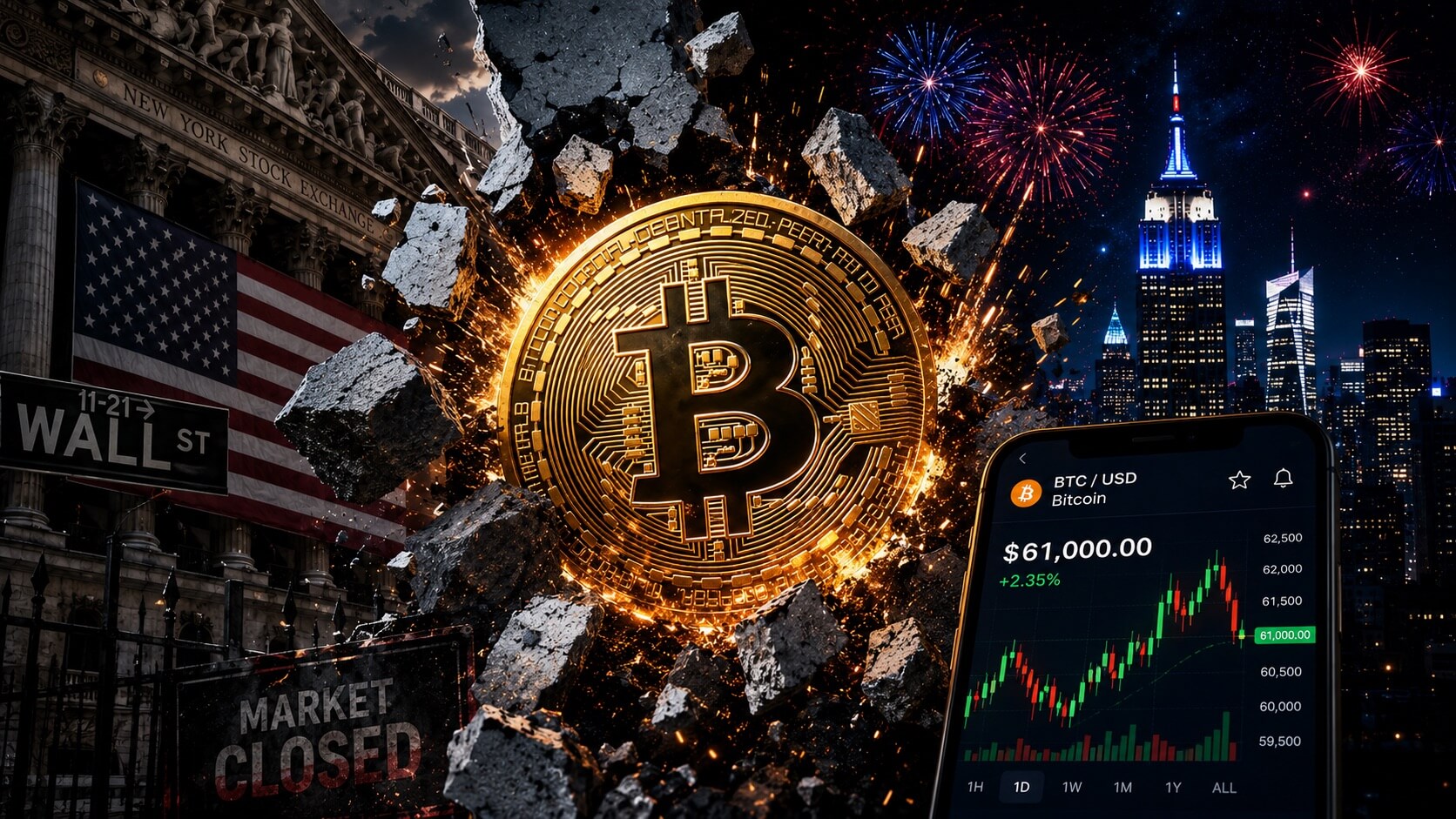 Bitcoin Freedom Money Independence Day graphic with Bitcoin breaking through Wall Street closure and 24/7 trading theme