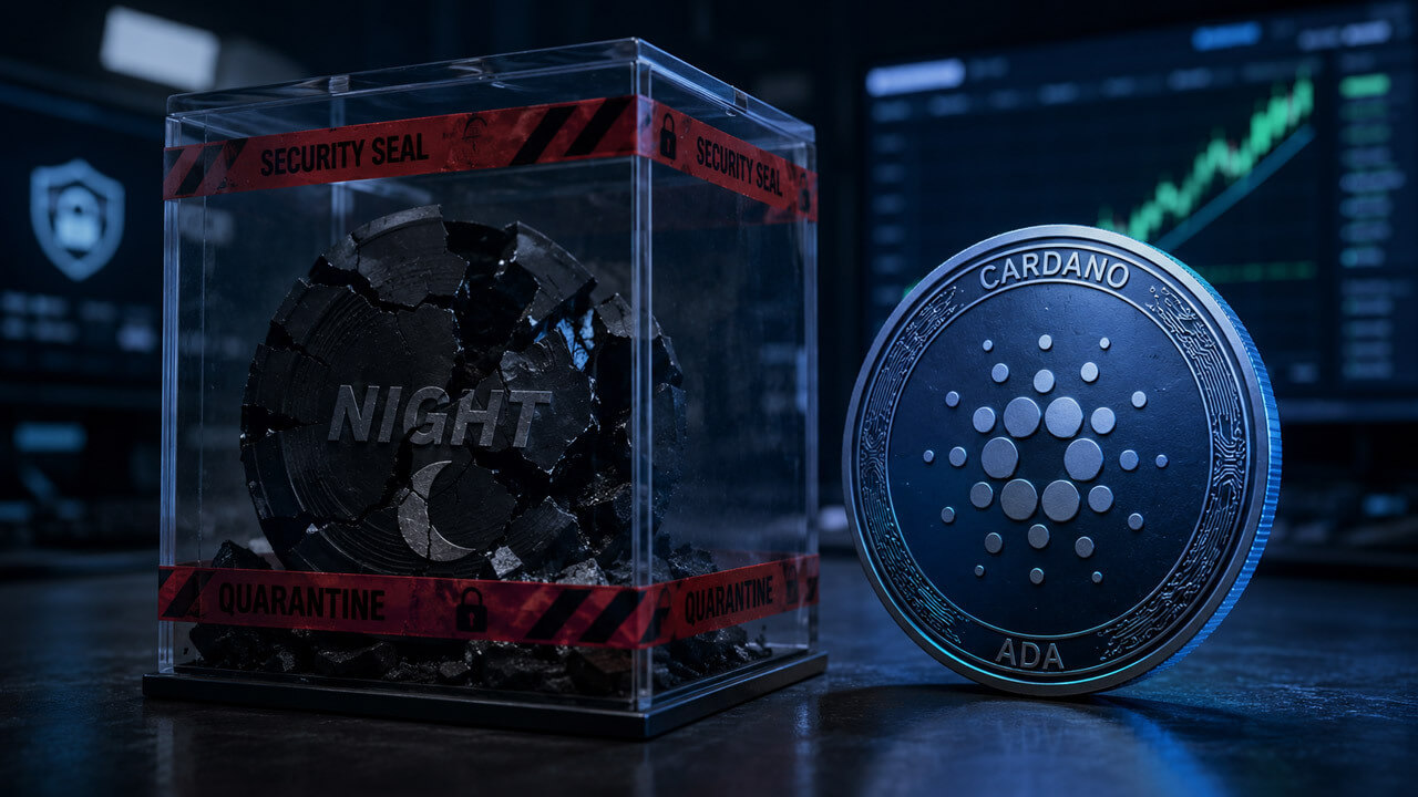 Shattered NIGHT token sealed inside a security quarantine case beside an intact Cardano ADA coin and rising market chart.