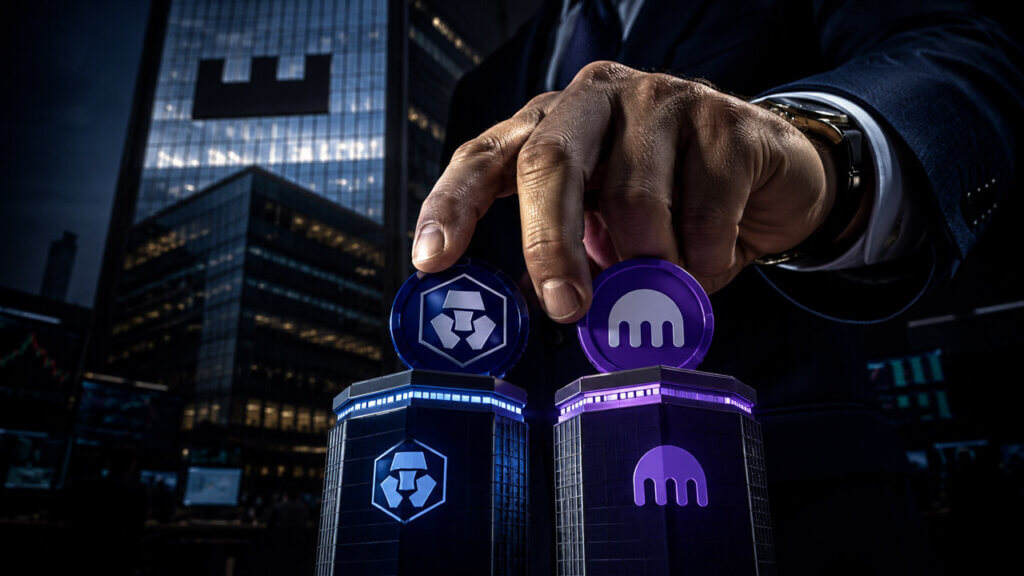 Financier placing Crypto.com and Kraken tokens on illuminated platforms, symbolizing Citadel Securities backing two competing crypto exchanges.