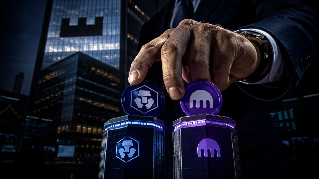 Financier placing Crypto.com and Kraken tokens on illuminated platforms, symbolizing Citadel Securities backing two competing crypto exchanges.
