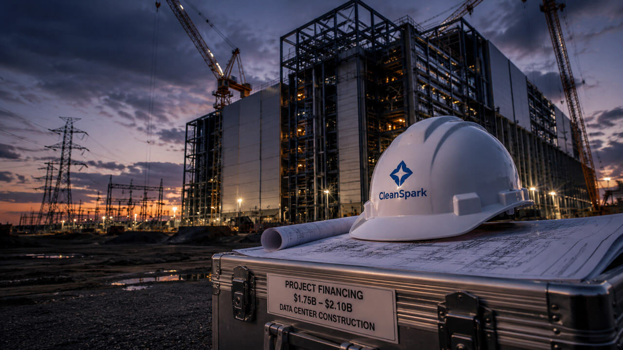 CleanSpark hard hat and project-financing case in front of a large data center under construction at dusk.