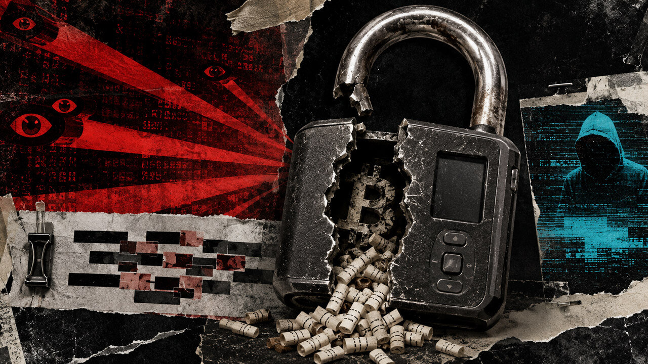 Editorial collage of a cracked hardware-wallet padlock spilling paper seed fragments, with red surveillance beams and a cyan hooded figure suggesting remote attacks on predictable Bitcoin seeds.