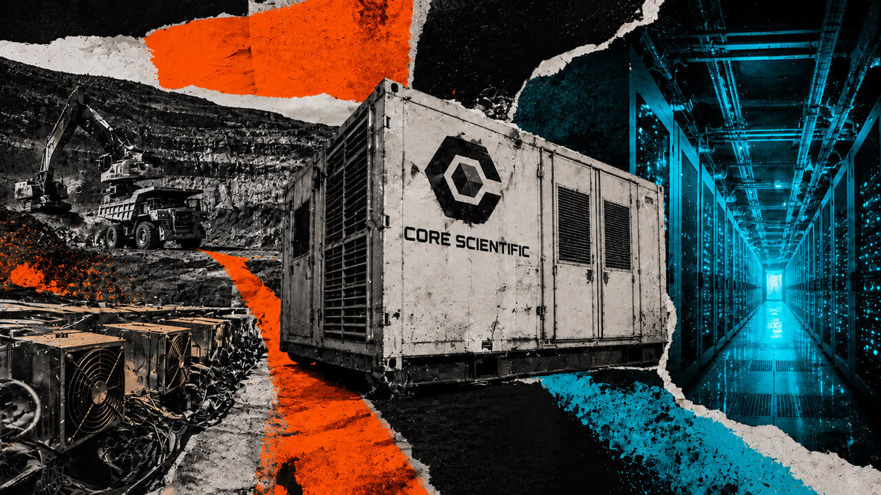 Distressed collage showing a large Core Scientific infrastructure container between a Bitcoin mining site and a cyan-lit server corridor, illustrating the conversion of mining facilities for AI computing.