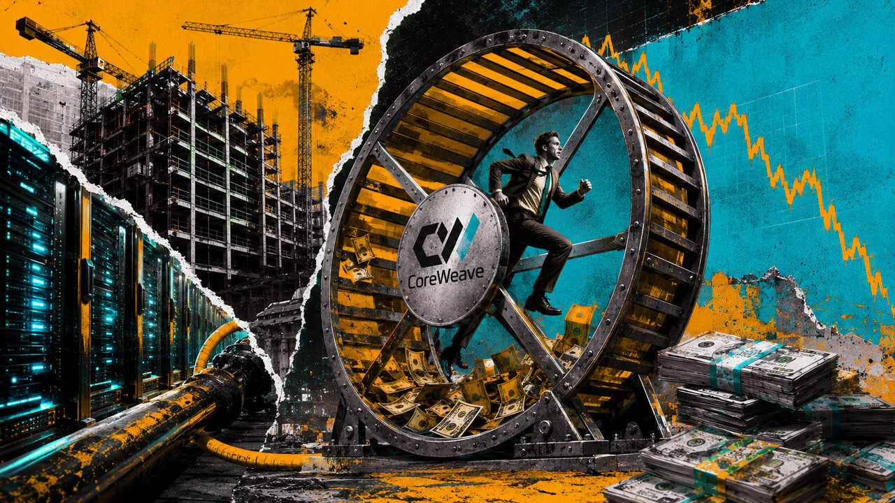 Electric-colored editorial collage showing a suited executive running inside a giant CoreWeave-branded industrial wheel, surrounded by data-center servers, construction cranes, cash stacks, and a falling market line.