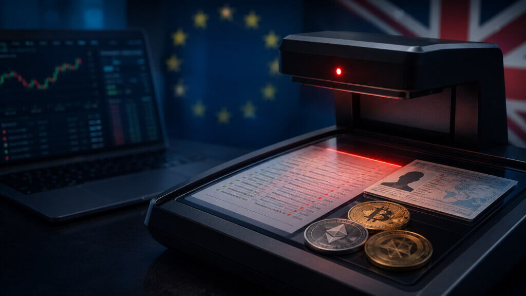 Crypto transaction records, identity documents, and digital asset coins being scanned while EU and UK symbols appear in the background.