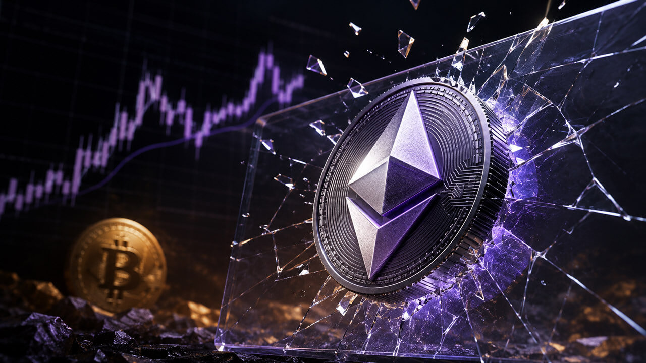 Large Ethereum coin breaking through a cracked glass resistance barrier with a rising chart and a smaller Bitcoin coin in the background.