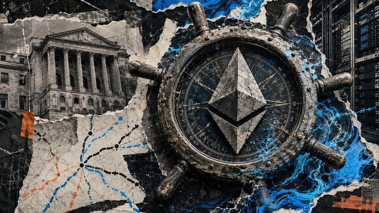 Editorial collage of an Ethereum compass beside a bank, server racks and branching routes in electric blue and orange.