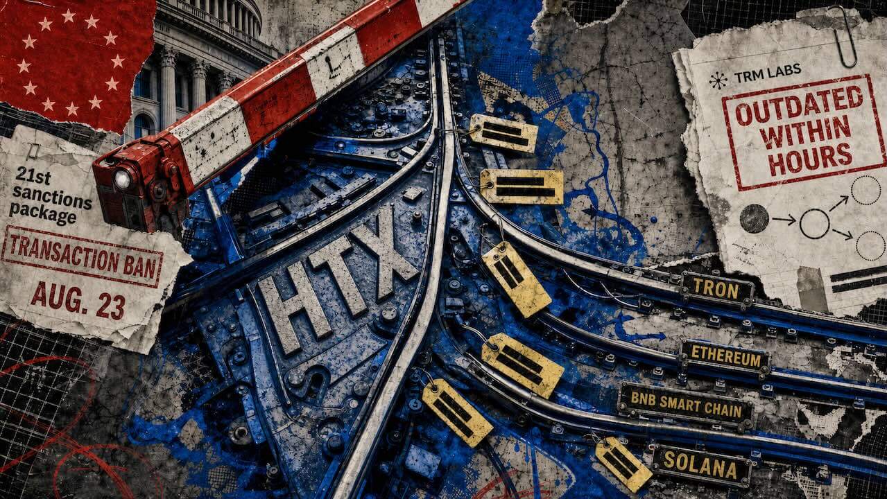 HTX financial rails split beneath an EU transaction-ban barrier as sanctions pressure shifts crypto wallets across blockchains.