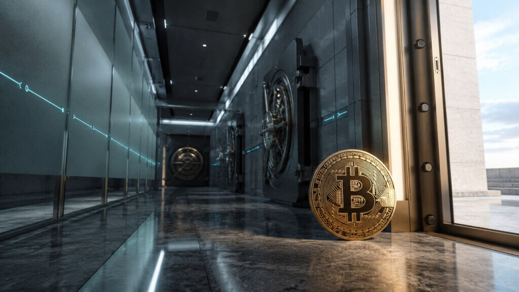 Bitcoin positioned beside an open doorway in a secure bank vault corridor with permissioned ledger lines.