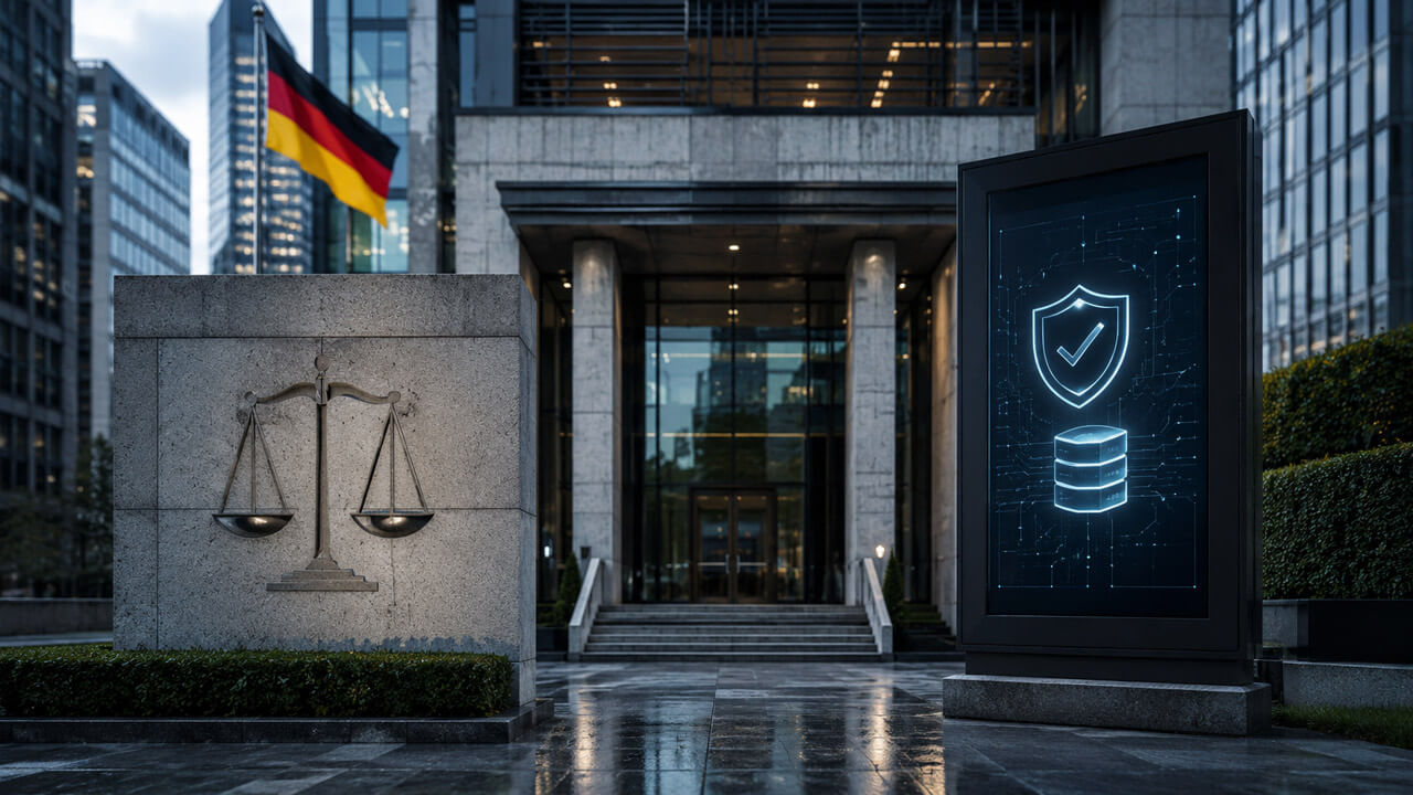 Modern German financial institution with a secure electronic registry display and justice monument, symbolizing regulated electronic securities under the Germany Electronic Securities Act (eWpG).