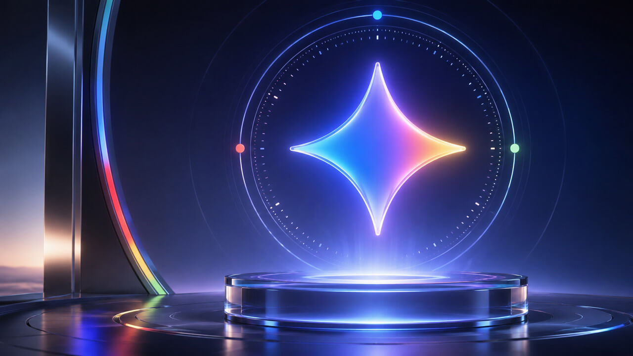 Glowing Google Gemini emblem suspended above a futuristic platform with circular timing markers.