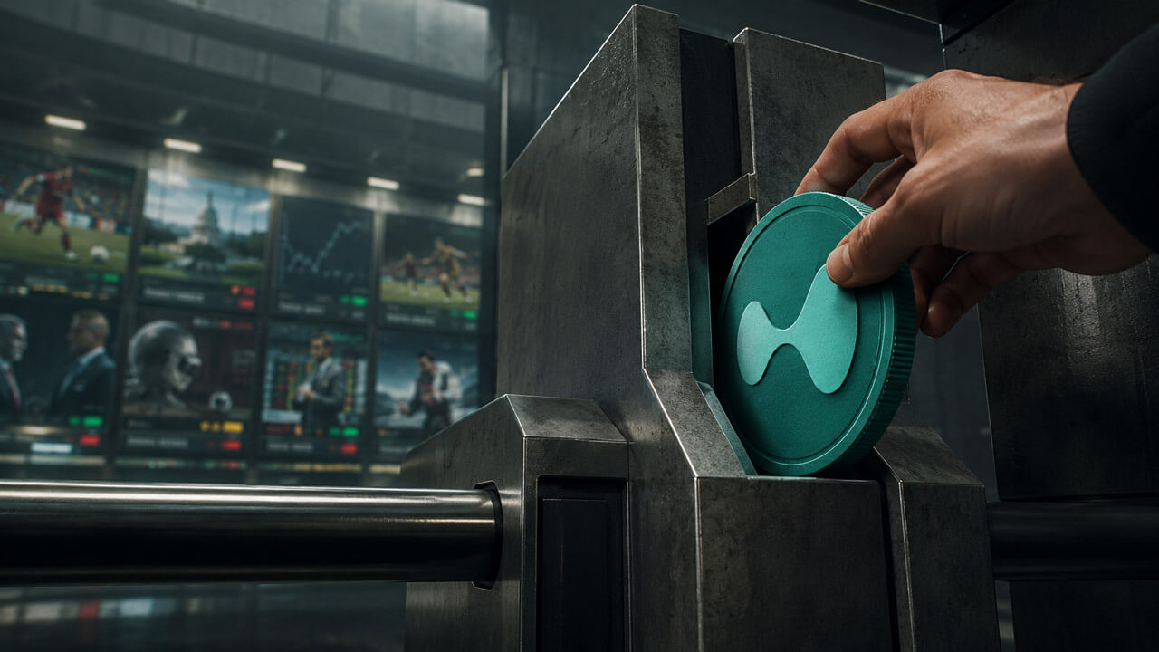 A hand inserts a large HYPE token into an industrial access gate, with blurred prediction-market screens showing sports, politics, and financial events in the background.
