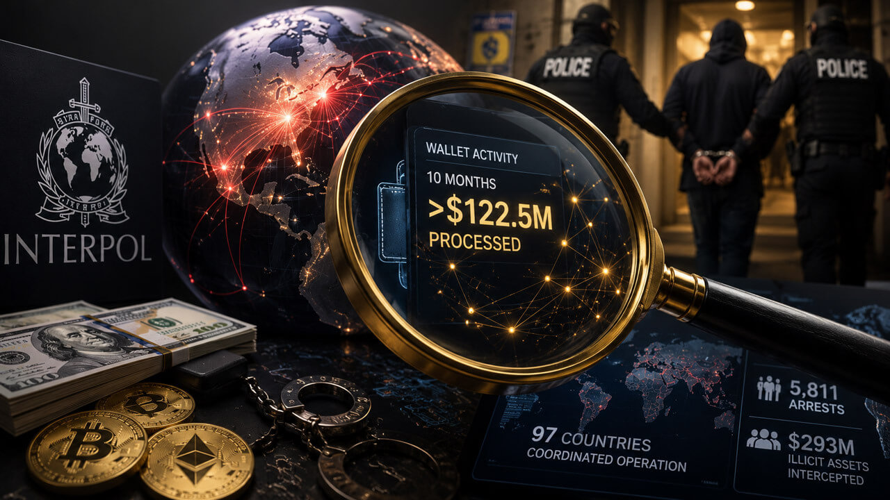 Interpol officers escort a handcuffed suspect behind seized cash, crypto coins, and a smartphone showing $122.5 million in wallet activity, alongside Operation First Light arrest statistics.