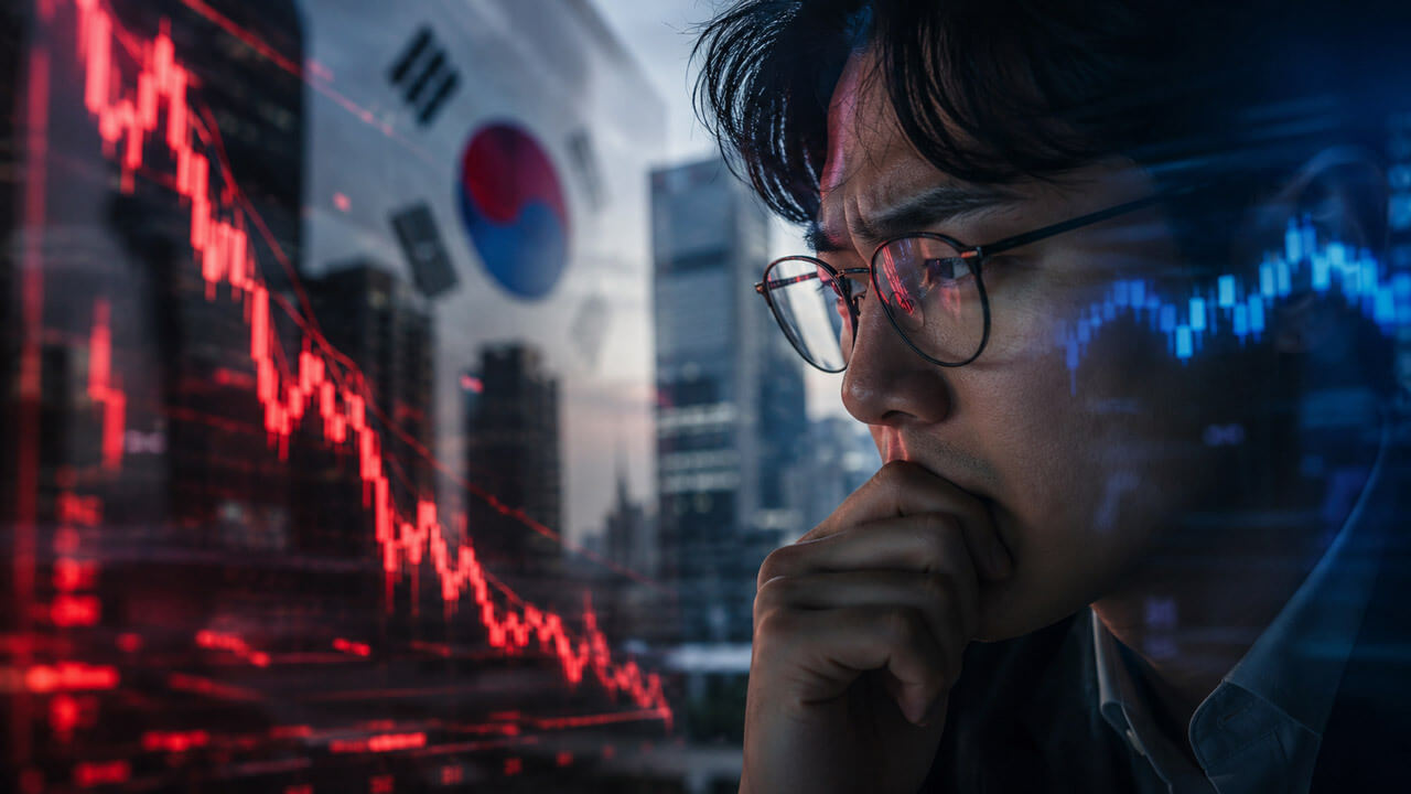 Korean trader watches a steep red stock market decline reflected against a smaller blue crypto chart in a Seoul financial setting.