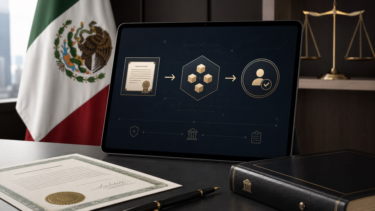 Digital compliance workstation displaying a tokenized securities registration and verification workflow beside an official certificate, legal binder, and Mexican flag.