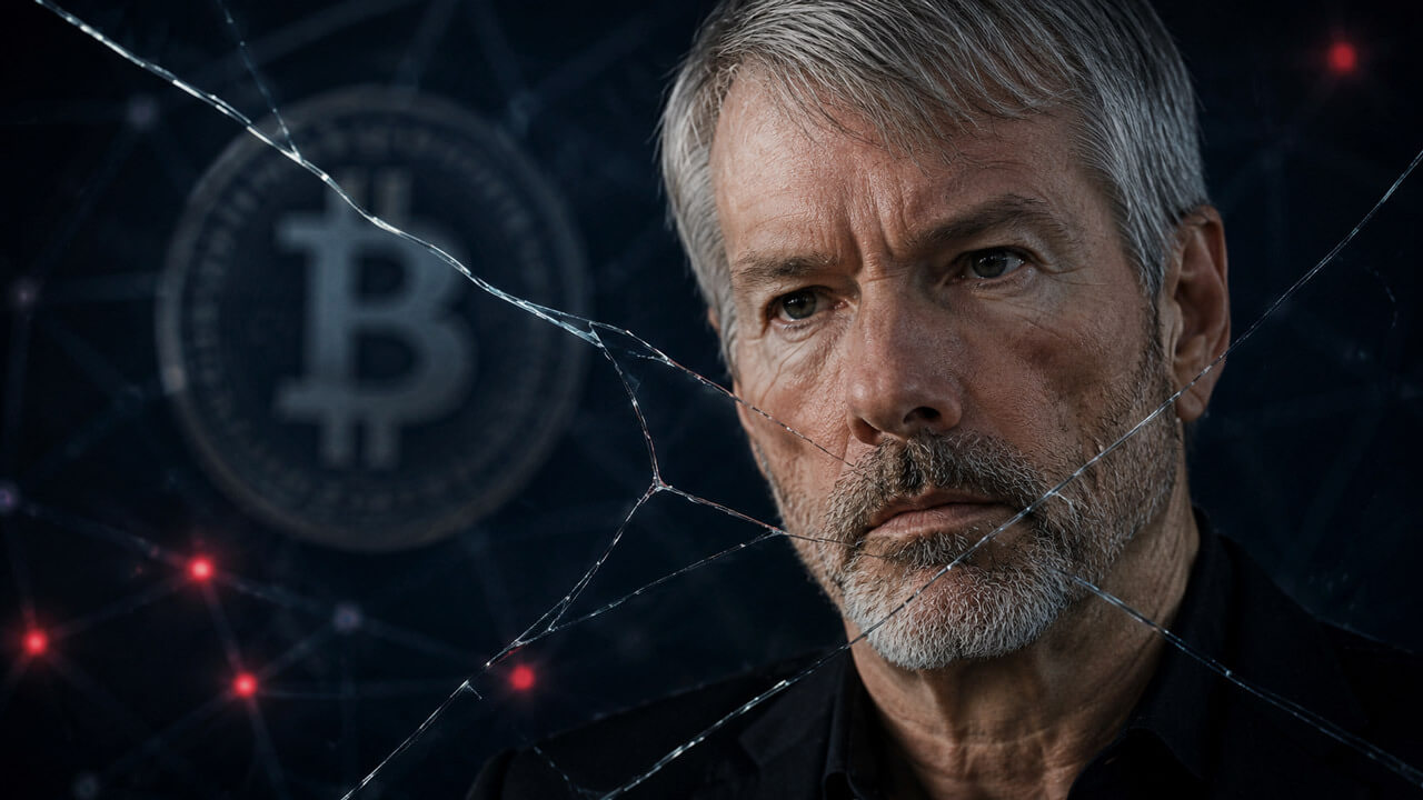 Michael Saylor seen through cracked glass with a blurred Bitcoin symbol and red network signals, representing fears of fractured Bitcoin consensus over BIP-110.