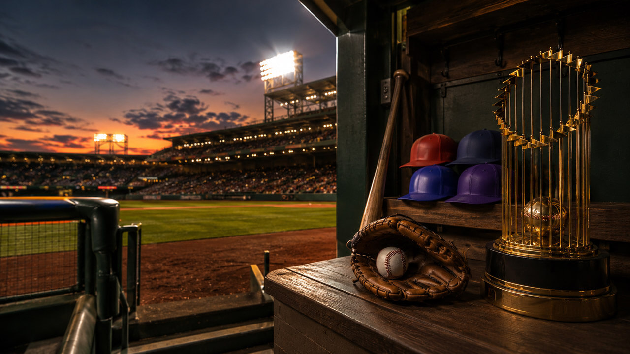 Golden baseball championship trophy surrounded by four team-colored caps at home plate in a packed stadium at sunset.