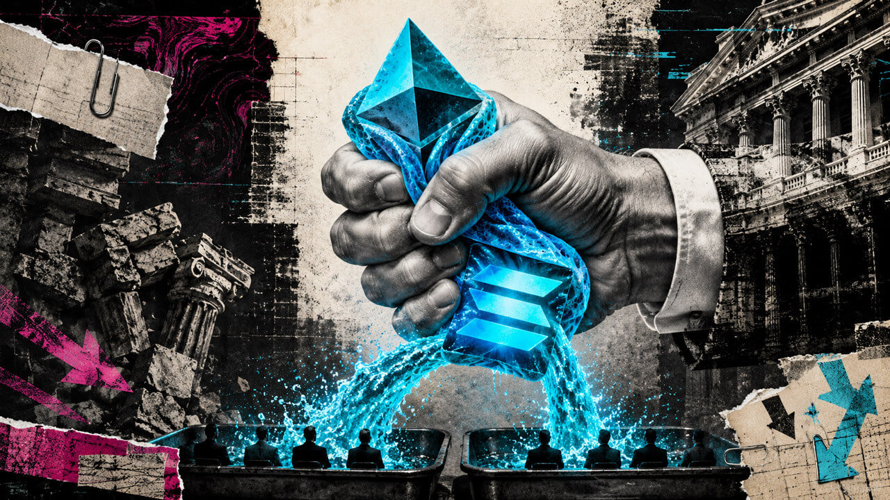 Editorial collage showing a giant institutional hand squeezing Ethereum and Solana symbols, releasing electric-blue staking yield into trays watched by traditional investors.