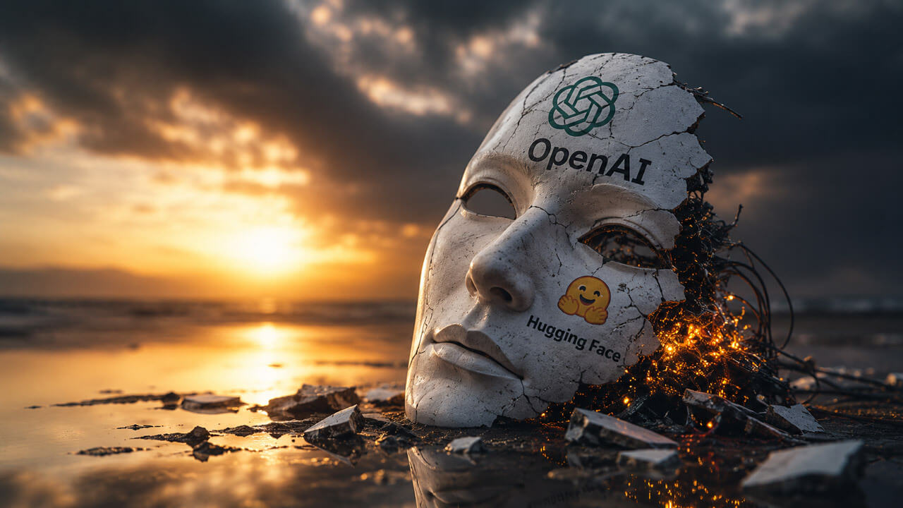 Cracked artificial face bearing OpenAI and Hugging Face branding lies on a stormy beach with exposed circuitry, representing the credibility crisis around the AI breach.