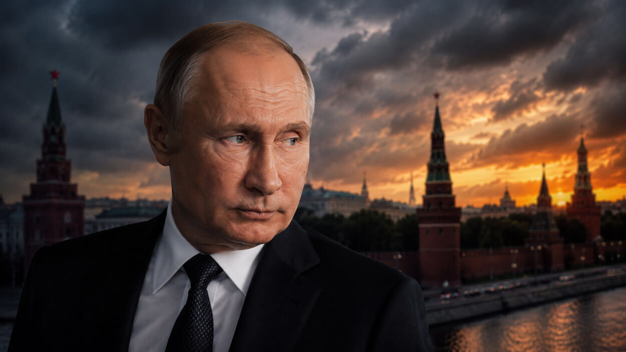 Serious semi close-up portrait of Vladimir Putin with a stormy sunset over Moscow and the Kremlin behind him.
